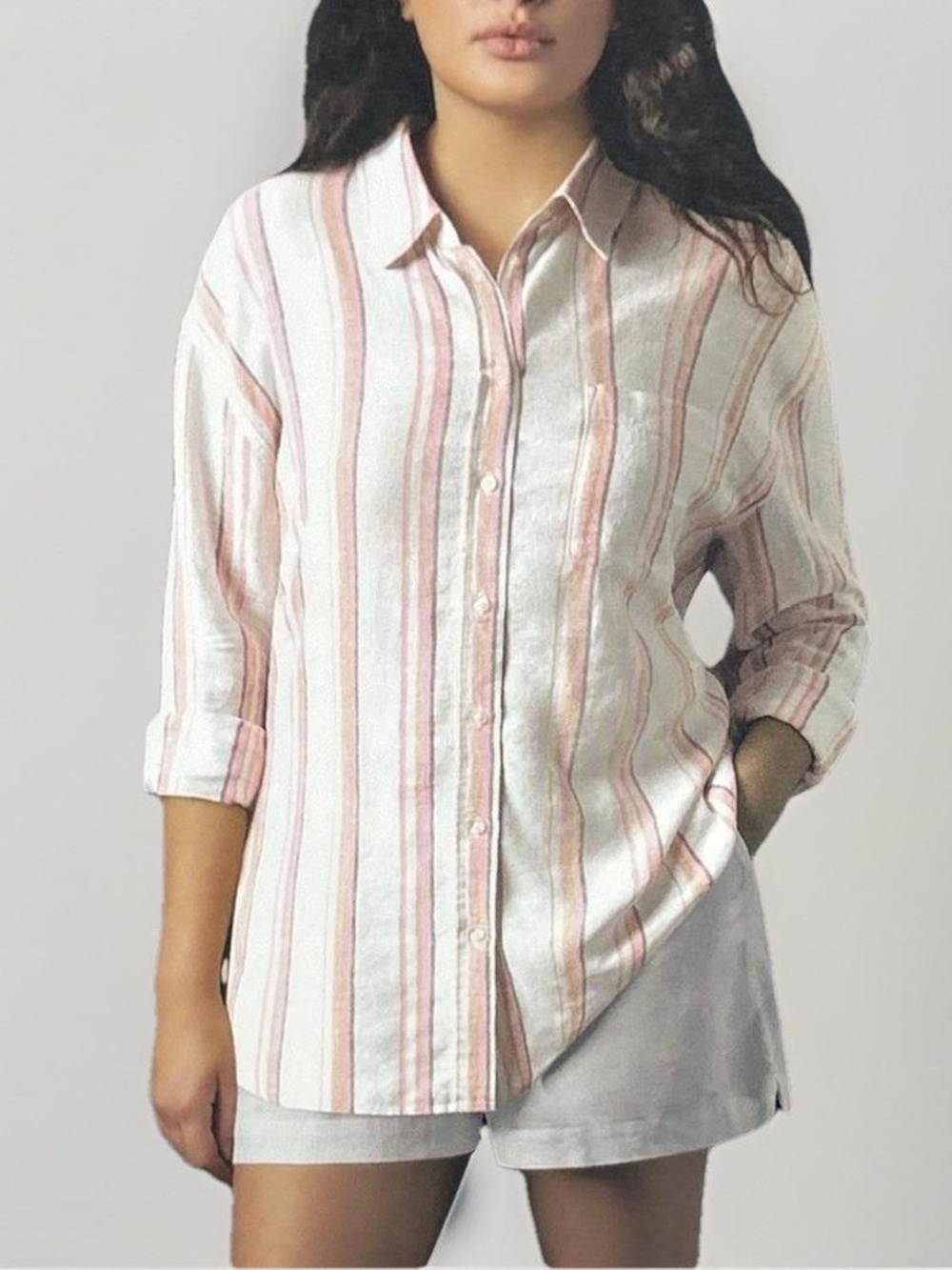 GAP Linen Blend Button Down Shirt NWT Medium Pink Stripe Relaxed Fit